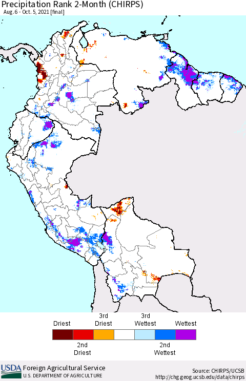 Northern South America Precipitation Rank 2-Month (CHIRPS) Thematic Map For 8/6/2021 - 10/5/2021