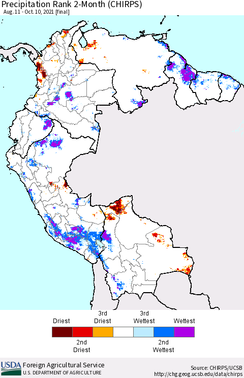 Northern South America Precipitation Rank 2-Month (CHIRPS) Thematic Map For 8/11/2021 - 10/10/2021