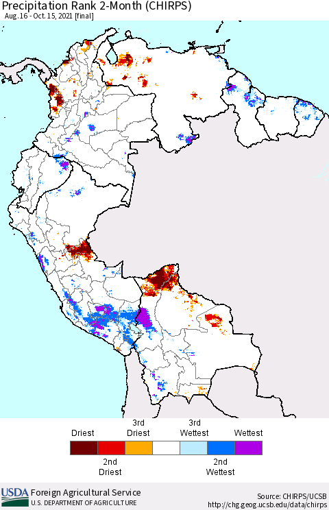 Northern South America Precipitation Rank 2-Month (CHIRPS) Thematic Map For 8/16/2021 - 10/15/2021