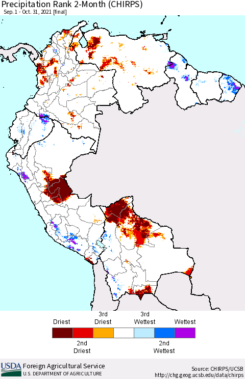 Northern South America Precipitation Rank 2-Month (CHIRPS) Thematic Map For 9/1/2021 - 10/31/2021