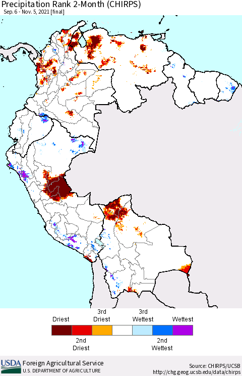 Northern South America Precipitation Rank 2-Month (CHIRPS) Thematic Map For 9/6/2021 - 11/5/2021