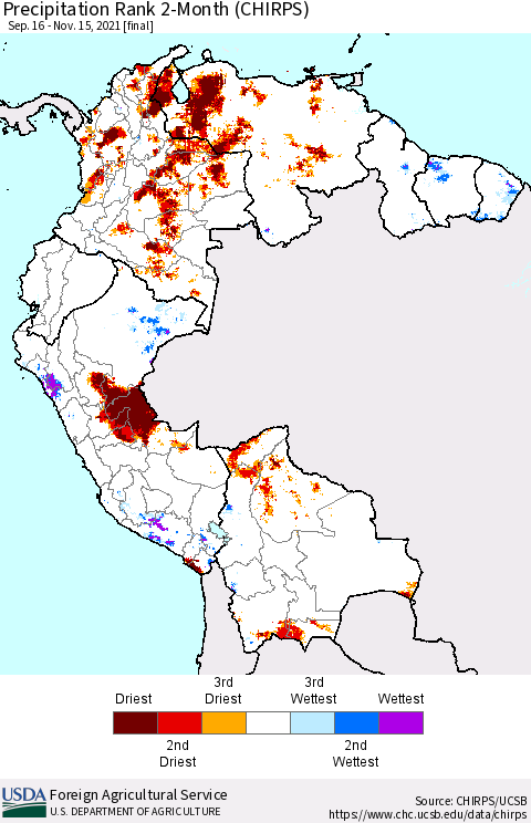 Northern South America Precipitation Rank 2-Month (CHIRPS) Thematic Map For 9/16/2021 - 11/15/2021