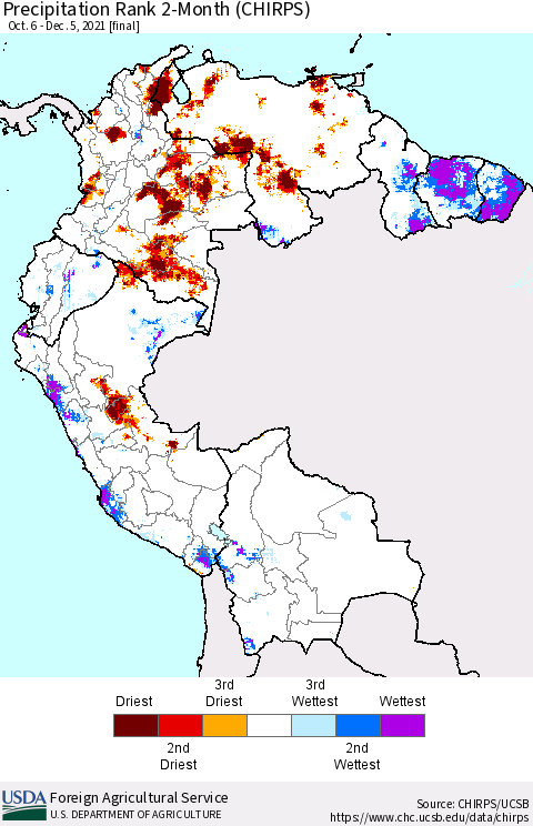 Northern South America Precipitation Rank 2-Month (CHIRPS) Thematic Map For 10/6/2021 - 12/5/2021