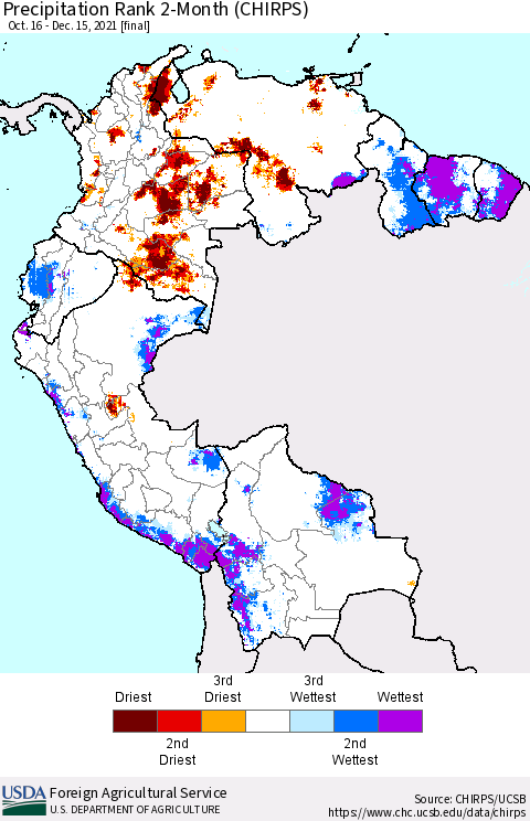 Northern South America Precipitation Rank since 1981, 2-Month (CHIRPS) Thematic Map For 10/16/2021 - 12/15/2021