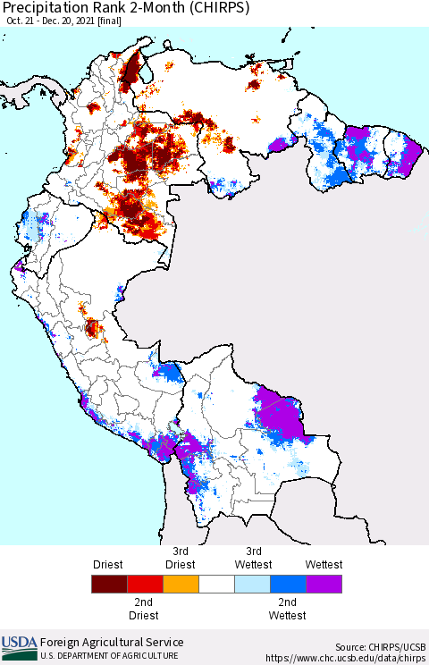 Northern South America Precipitation Rank since 1981, 2-Month (CHIRPS) Thematic Map For 10/21/2021 - 12/20/2021