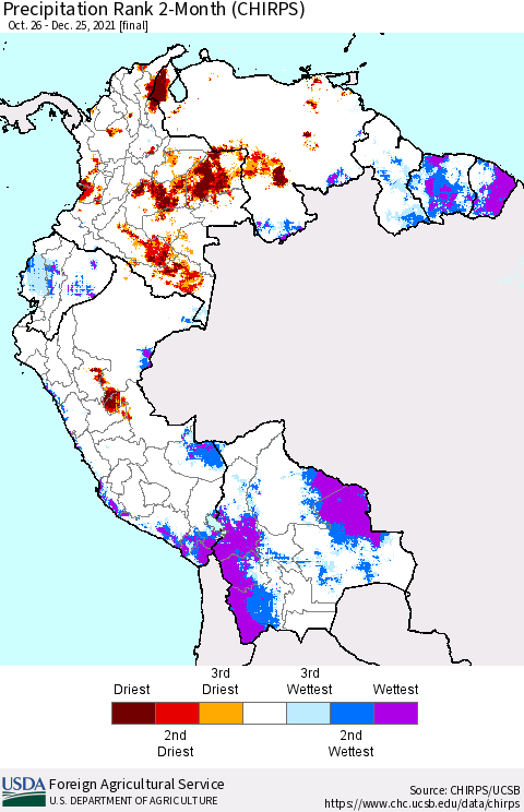 Northern South America Precipitation Rank 2-Month (CHIRPS) Thematic Map For 10/26/2021 - 12/25/2021