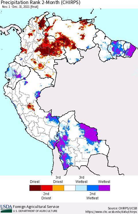 Northern South America Precipitation Rank 2-Month (CHIRPS) Thematic Map For 11/1/2021 - 12/31/2021