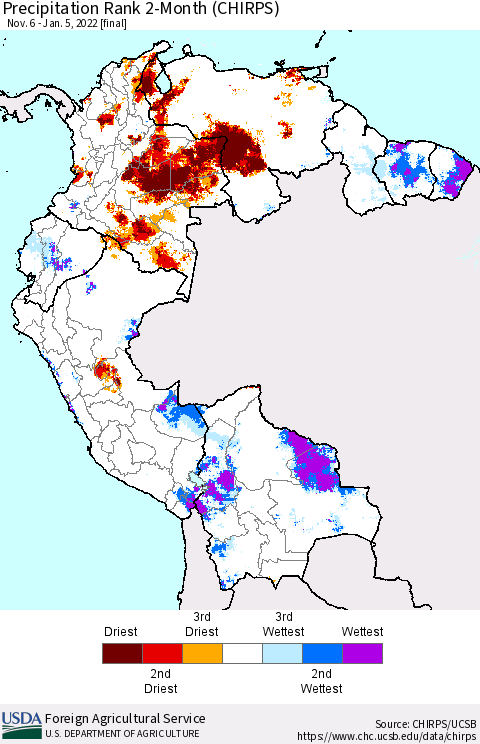 Northern South America Precipitation Rank 2-Month (CHIRPS) Thematic Map For 11/6/2021 - 1/5/2022