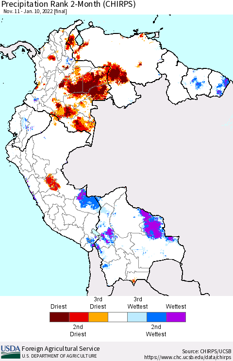 Northern South America Precipitation Rank 2-Month (CHIRPS) Thematic Map For 11/11/2021 - 1/10/2022