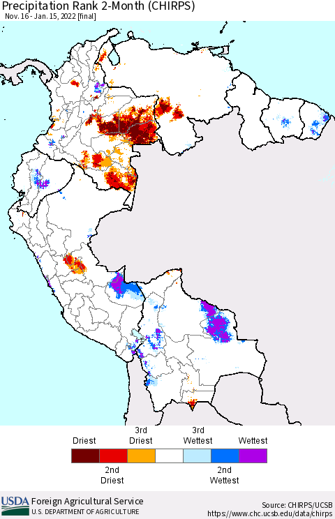 Northern South America Precipitation Rank 2-Month (CHIRPS) Thematic Map For 11/16/2021 - 1/15/2022