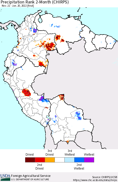 Northern South America Precipitation Rank 2-Month (CHIRPS) Thematic Map For 11/21/2021 - 1/20/2022