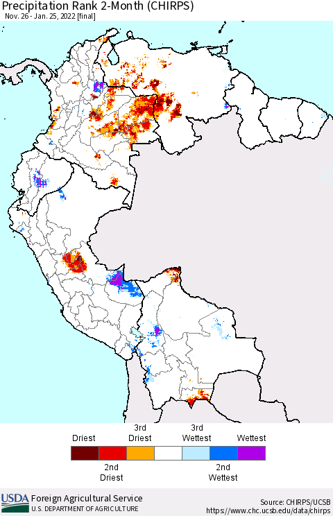 Northern South America Precipitation Rank since 1981, 2-Month (CHIRPS) Thematic Map For 11/26/2021 - 1/25/2022