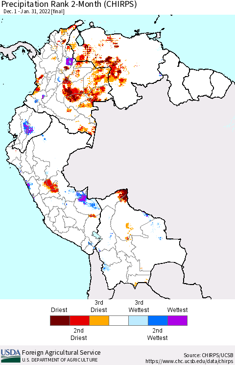 Northern South America Precipitation Rank 2-Month (CHIRPS) Thematic Map For 12/1/2021 - 1/31/2022