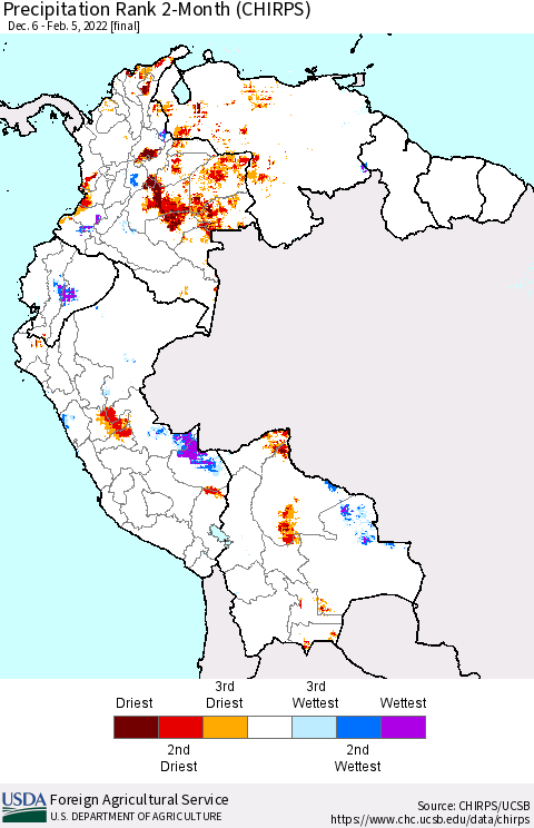 Northern South America Precipitation Rank 2-Month (CHIRPS) Thematic Map For 12/6/2021 - 2/5/2022