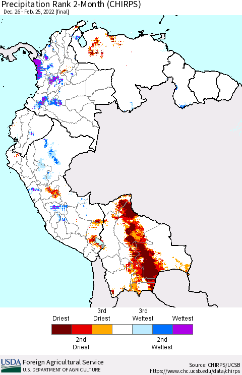 Northern South America Precipitation Rank 2-Month (CHIRPS) Thematic Map For 12/26/2021 - 2/25/2022