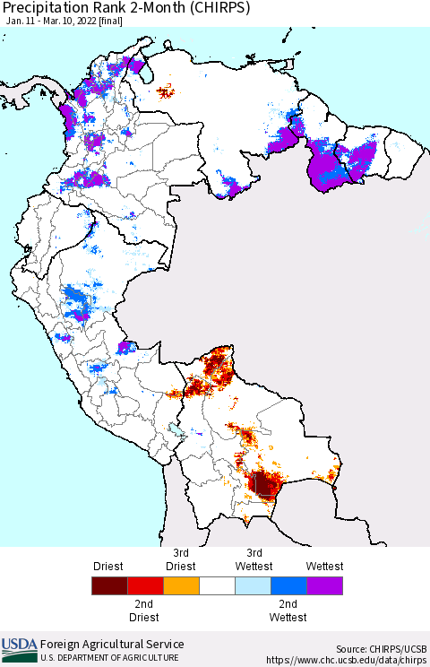 Northern South America Precipitation Rank 2-Month (CHIRPS) Thematic Map For 1/11/2022 - 3/10/2022