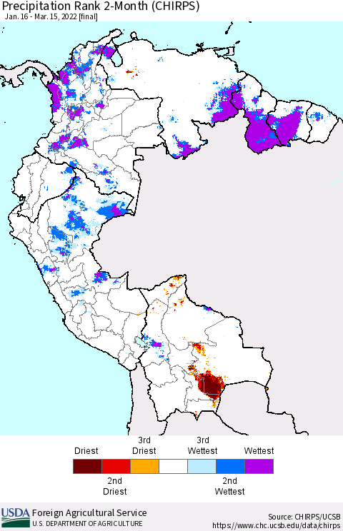 Northern South America Precipitation Rank since 1981, 2-Month (CHIRPS) Thematic Map For 1/16/2022 - 3/15/2022