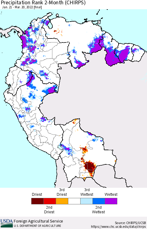 Northern South America Precipitation Rank 2-Month (CHIRPS) Thematic Map For 1/21/2022 - 3/20/2022