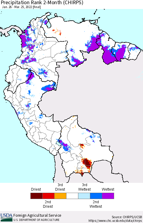 Northern South America Precipitation Rank 2-Month (CHIRPS) Thematic Map For 1/26/2022 - 3/25/2022