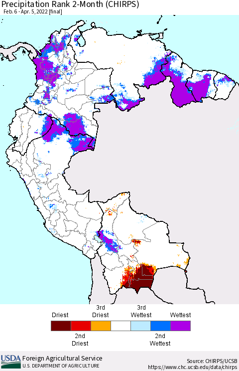Northern South America Precipitation Rank 2-Month (CHIRPS) Thematic Map For 2/6/2022 - 4/5/2022
