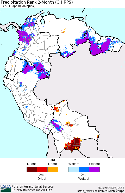 Northern South America Precipitation Rank 2-Month (CHIRPS) Thematic Map For 2/11/2022 - 4/10/2022