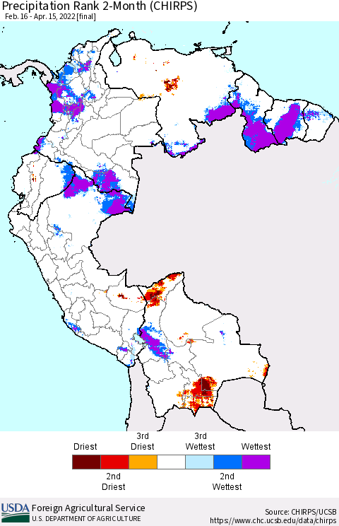 Northern South America Precipitation Rank 2-Month (CHIRPS) Thematic Map For 2/16/2022 - 4/15/2022