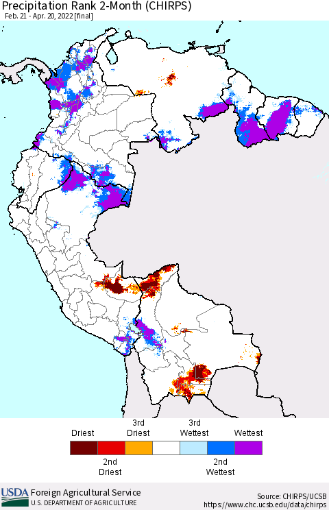 Northern South America Precipitation Rank 2-Month (CHIRPS) Thematic Map For 2/21/2022 - 4/20/2022
