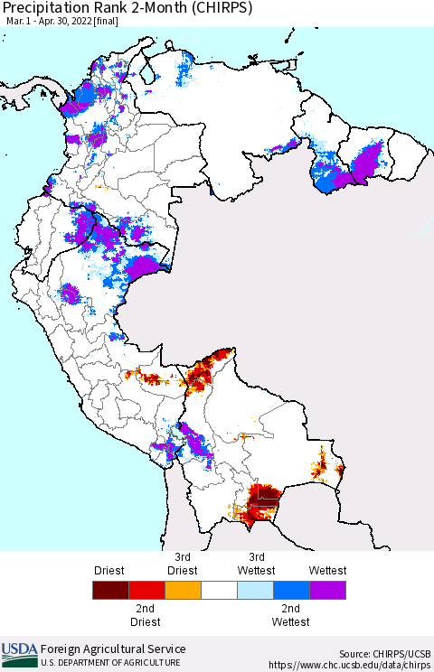 Northern South America Precipitation Rank since 1981, 2-Month (CHIRPS) Thematic Map For 3/1/2022 - 4/30/2022