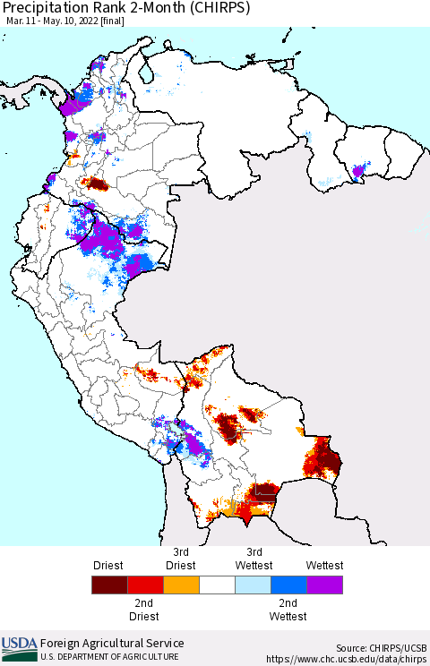 Northern South America Precipitation Rank 2-Month (CHIRPS) Thematic Map For 3/11/2022 - 5/10/2022