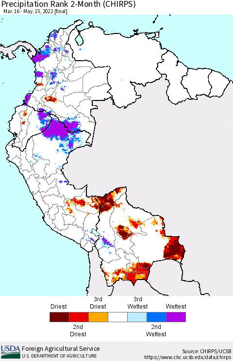 Northern South America Precipitation Rank since 1981, 2-Month (CHIRPS) Thematic Map For 3/16/2022 - 5/15/2022