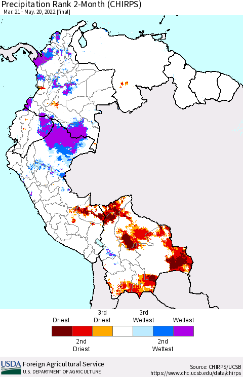 Northern South America Precipitation Rank 2-Month (CHIRPS) Thematic Map For 3/21/2022 - 5/20/2022