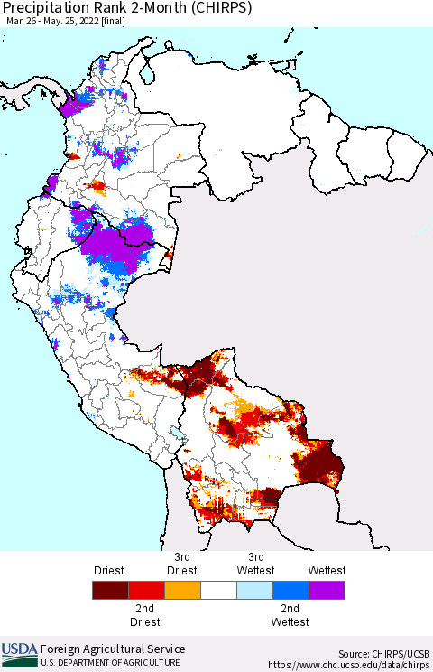 Northern South America Precipitation Rank 2-Month (CHIRPS) Thematic Map For 3/26/2022 - 5/25/2022
