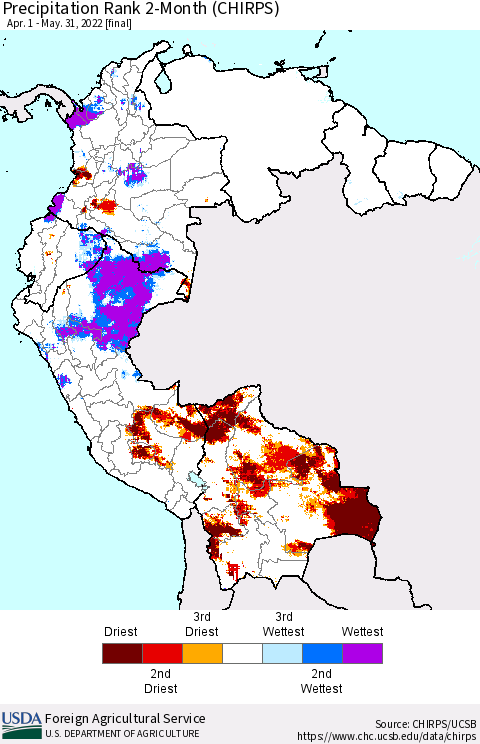 Northern South America Precipitation Rank 2-Month (CHIRPS) Thematic Map For 4/1/2022 - 5/31/2022
