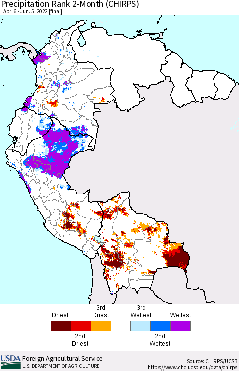 Northern South America Precipitation Rank since 1981, 2-Month (CHIRPS) Thematic Map For 4/6/2022 - 6/5/2022