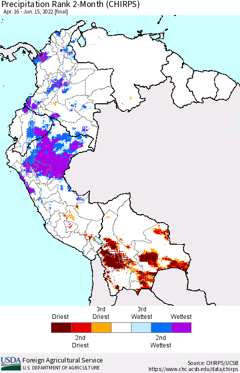 Northern South America Precipitation Rank 2-Month (CHIRPS) Thematic Map For 4/16/2022 - 6/15/2022