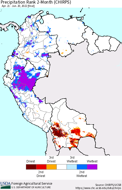 Northern South America Precipitation Rank 2-Month (CHIRPS) Thematic Map For 4/21/2022 - 6/20/2022