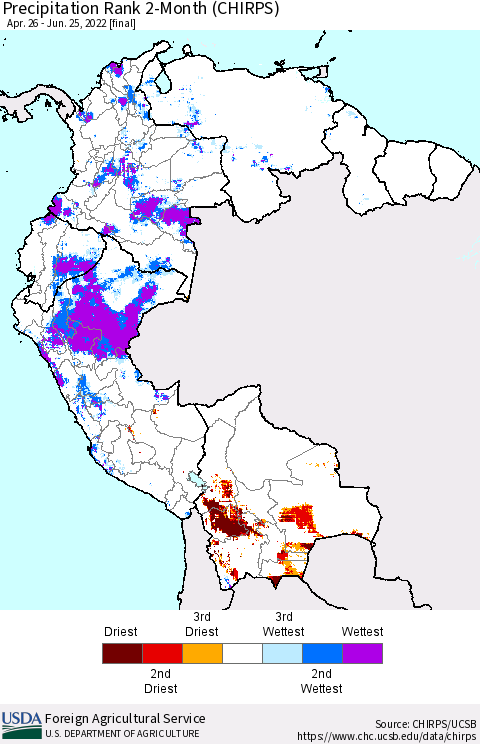 Northern South America Precipitation Rank since 1981, 2-Month (CHIRPS) Thematic Map For 4/26/2022 - 6/25/2022