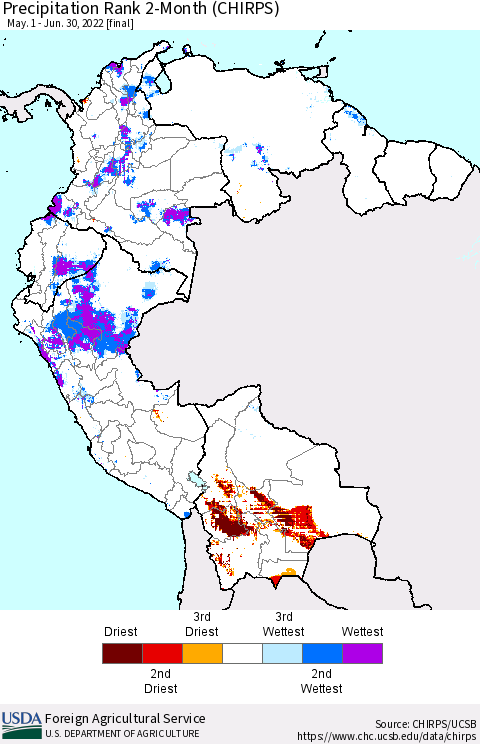 Northern South America Precipitation Rank since 1981, 2-Month (CHIRPS) Thematic Map For 5/1/2022 - 6/30/2022