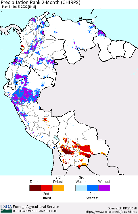 Northern South America Precipitation Rank since 1981, 2-Month (CHIRPS) Thematic Map For 5/6/2022 - 7/5/2022