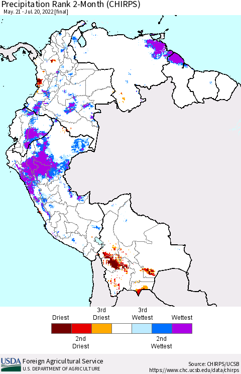 Northern South America Precipitation Rank since 1981, 2-Month (CHIRPS) Thematic Map For 5/21/2022 - 7/20/2022