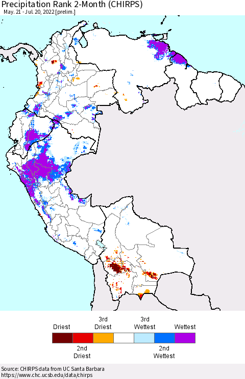 Northern South America Precipitation Rank 2-Month (CHIRPS) Thematic Map For 5/21/2022 - 7/20/2022