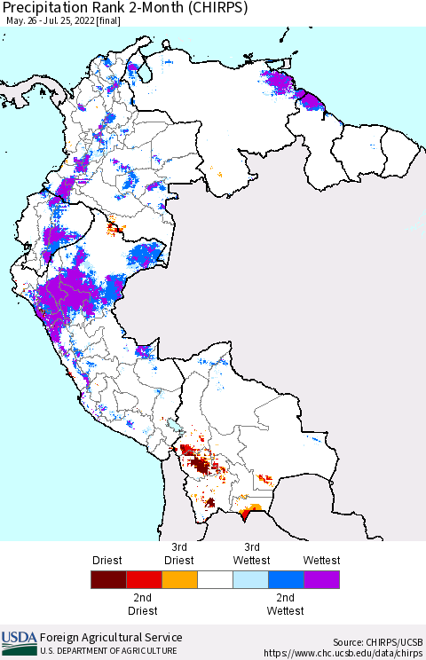 Northern South America Precipitation Rank 2-Month (CHIRPS) Thematic Map For 5/26/2022 - 7/25/2022
