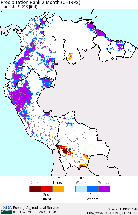 Northern South America Precipitation Rank since 1981, 2-Month (CHIRPS) Thematic Map For 6/1/2022 - 7/31/2022
