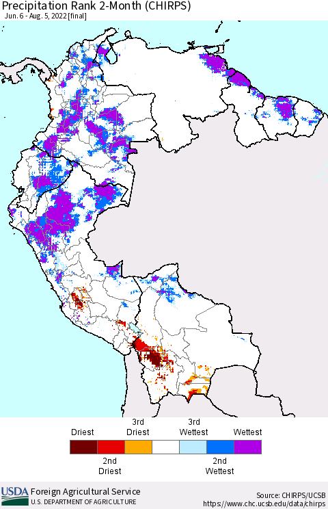 Northern South America Precipitation Rank since 1981, 2-Month (CHIRPS) Thematic Map For 6/6/2022 - 8/5/2022