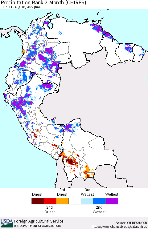 Northern South America Precipitation Rank since 1981, 2-Month (CHIRPS) Thematic Map For 6/11/2022 - 8/10/2022