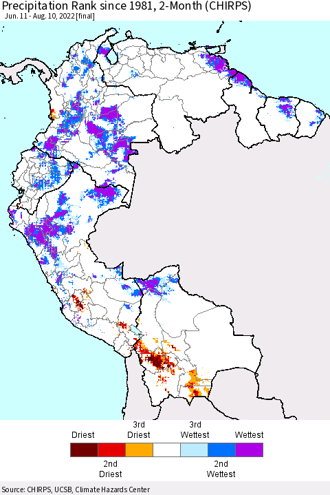 Northern South America Precipitation Rank since 1981, 2-Month (CHIRPS) Thematic Map For 6/11/2022 - 8/10/2022