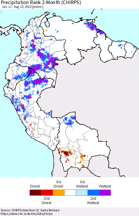 Northern South America Precipitation Rank 2-Month (CHIRPS) Thematic Map For 6/11/2022 - 8/10/2022