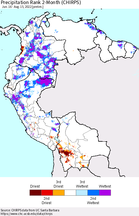 Northern South America Precipitation Rank 2-Month (CHIRPS) Thematic Map For 6/16/2022 - 8/15/2022