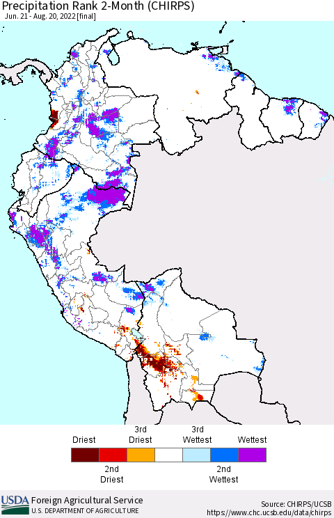Northern South America Precipitation Rank since 1981, 2-Month (CHIRPS) Thematic Map For 6/21/2022 - 8/20/2022