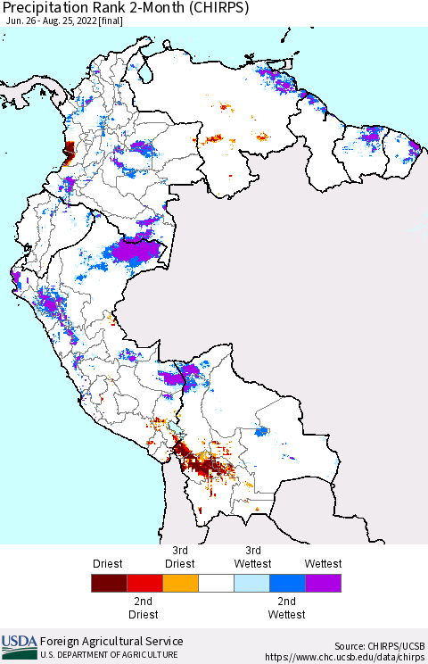 Northern South America Precipitation Rank since 1981, 2-Month (CHIRPS) Thematic Map For 6/26/2022 - 8/25/2022